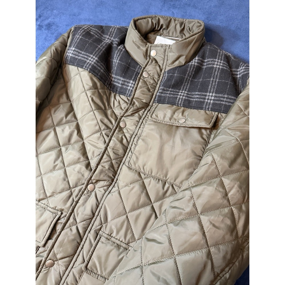 Cole Haan Men Olive Diamond Quilted Jacket Wool Blend Plaid Yoke Coat Small